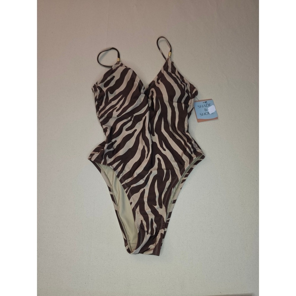 Shade & Shore Zebra Print V-Neck One Piece Swimsuit Brown XL NWT